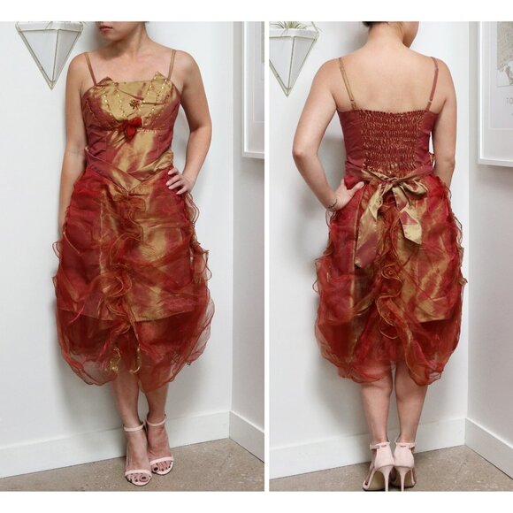 Y2K Two Tone Crimson & Gold Taffeta Prom Dress w/ Rosettes and Ruffles Formal - Picture 1 of 7